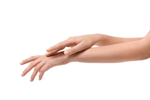 Hands of young woman on white background — Stock Photo, Image
