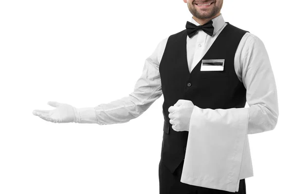 Красивый официант с полотенцем — стоковое фото
