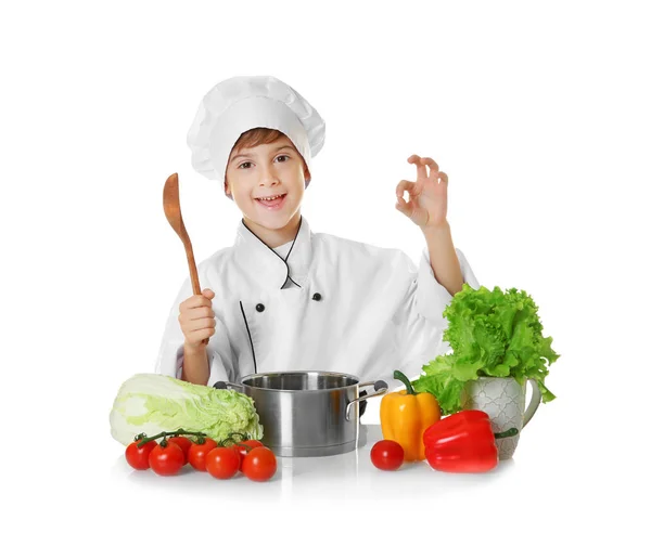 Chico en chef uniforme cocina sopa —  Fotos de Stock