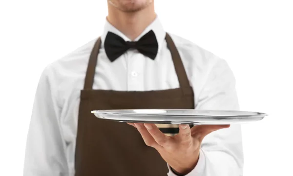 Cute waiter holding empty tray — Stock Photo, Image