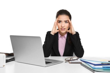Young woman tired of working with laptop, on white background clipart