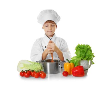 çorba pişirme Şef üniformalı çocuk