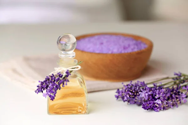 Bottle of essential oil with lavender — Stock Photo, Image