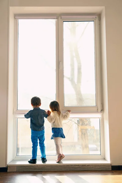 Petits enfants mignons près de la grande fenêtre à la maison — Photo