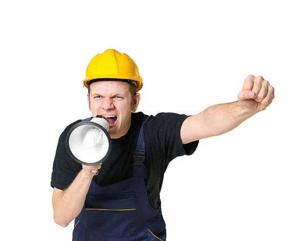 Protestando jovem gritando em megafone no fundo de luz — Fotografia de Stock