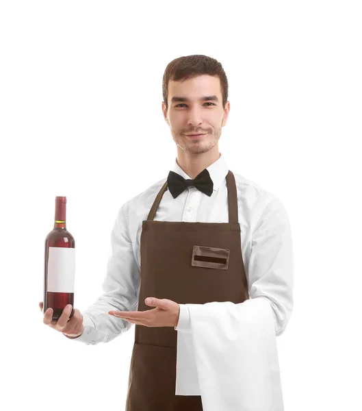 Милий офіціант тримає пляшку вина — стокове фото