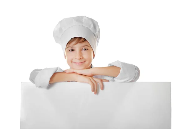 Jongen in chef-kok uniform met poster — Stockfoto