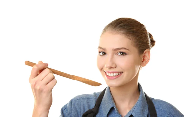 Jonge Vrouw Met Houten Lepel Witte Achtergrond — Stockfoto