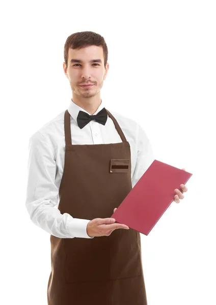 Офіціант тримає коричневу теку рахунків — стокове фото