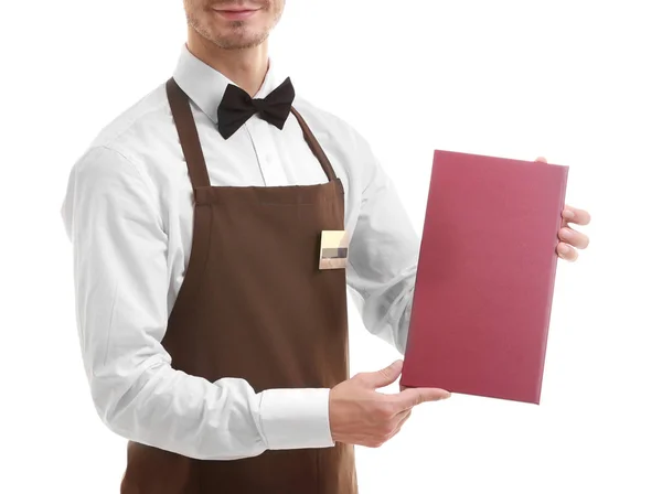 Cute waiter holding red menu — Stock Photo, Image