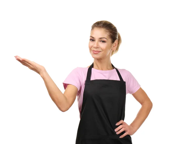 Mulher bonita em uniforme no fundo branco — Fotografia de Stock