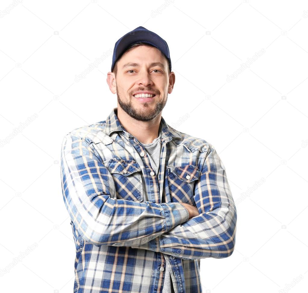 Long-haul truck driver on white background