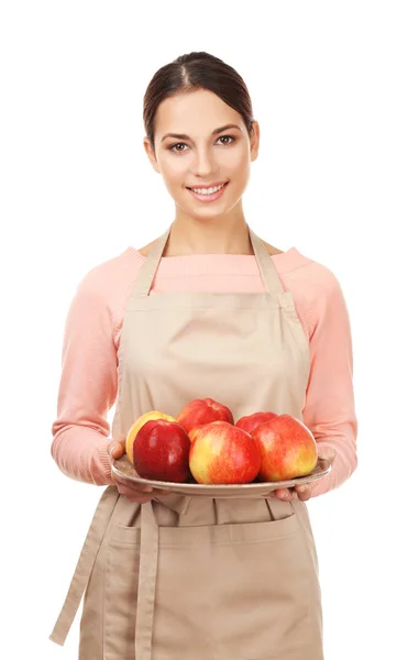 Mujer sosteniendo placa con manzanas — Foto de Stock