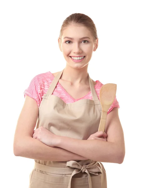 Jeune Femme Avec Spatule Bois Sur Fond Blanc — Photo