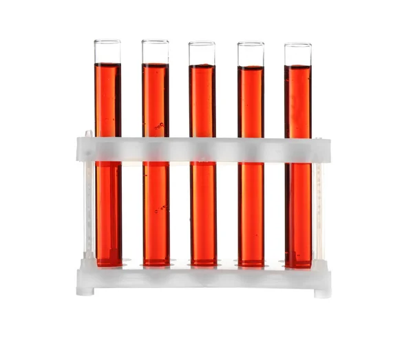 Tubos de ensaio com amostras vermelhas — Fotografia de Stock