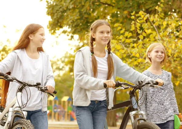 Glada vänner med cyklar i park — Stockfoto