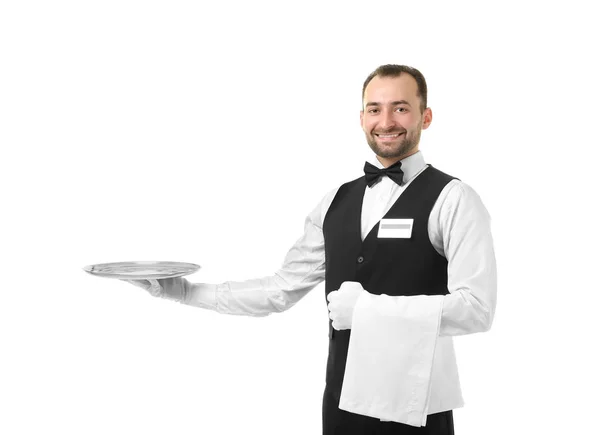 Красивый официант с металлическим подносом — стоковое фото