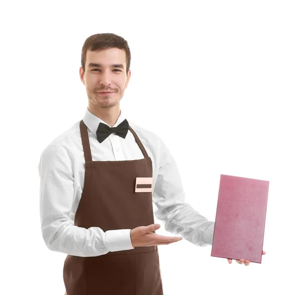 Офіціант тримає коричневу теку рахунків — стокове фото