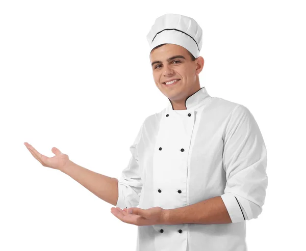 Jovem cozinheiro bonito cozinheiro isolado no branco — Fotografia de Stock