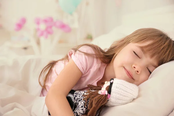 Cute Little Girl Sleeping Doll Home — Stock Photo, Image
