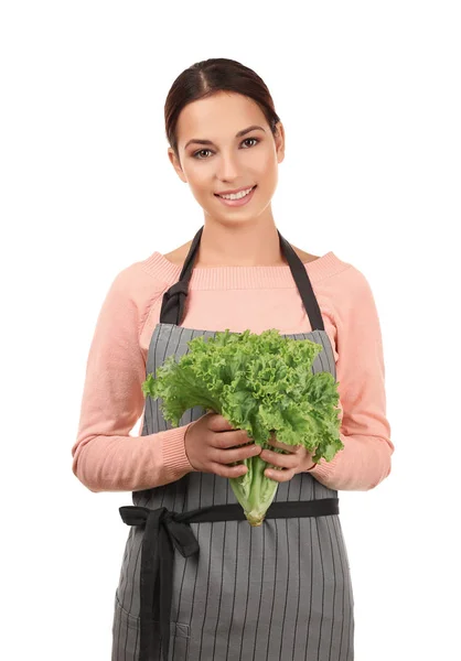 Jonge vrouw met bos van sla — Stockfoto