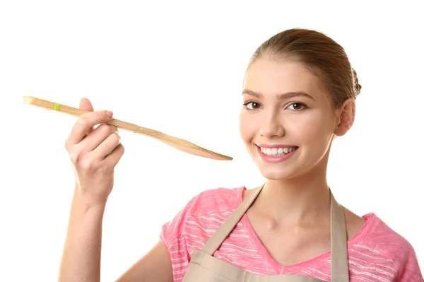 Young Woman Wooden Spatula White Background — Stock Photo, Image