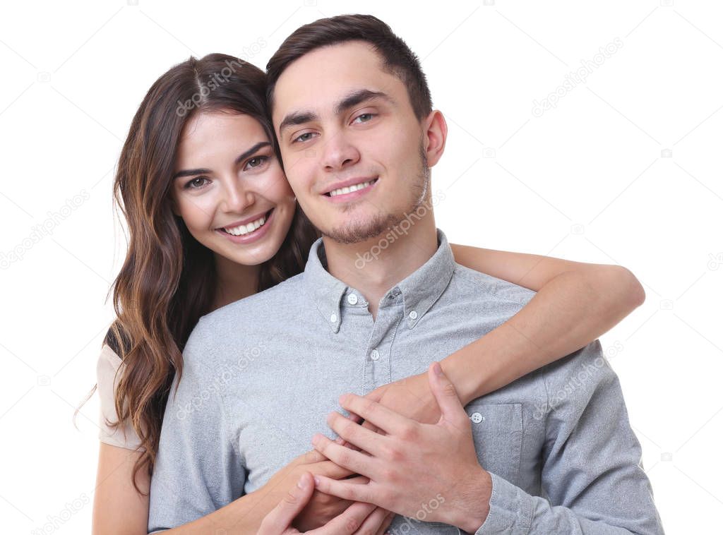 Beautiful young couple on white background