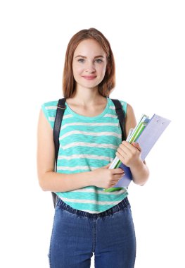 sevimli genç kız ile üzerine beyaz izole sırt çantası