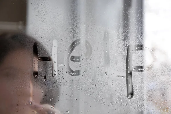 Word Help Written Young Woman Steamy Window View — Stock Photo, Image