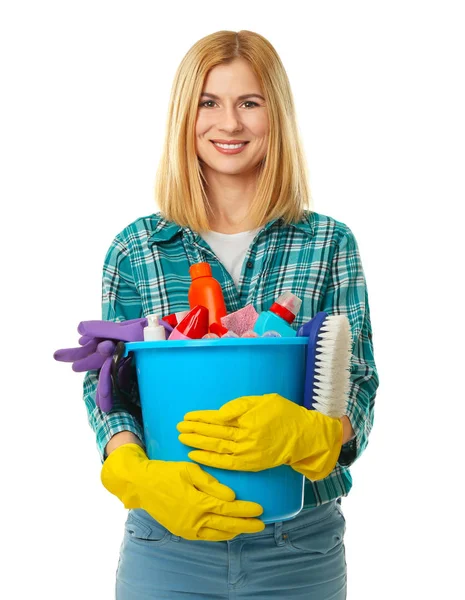 Pretty woman with cleaning supplies — Stock Photo, Image