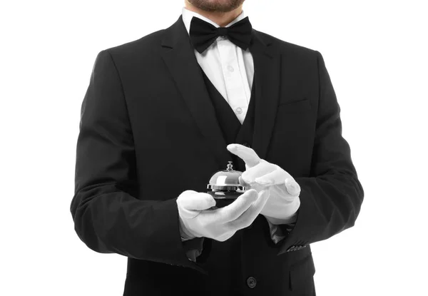 Waiter with bell on white background, closeup — Stock Photo, Image