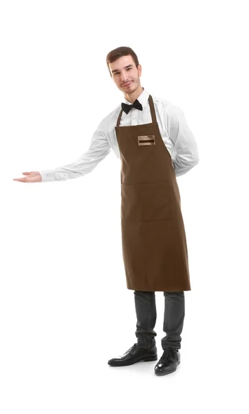 Uroczy kelner powitaniem na białym tle — Zdjęcie stockowe