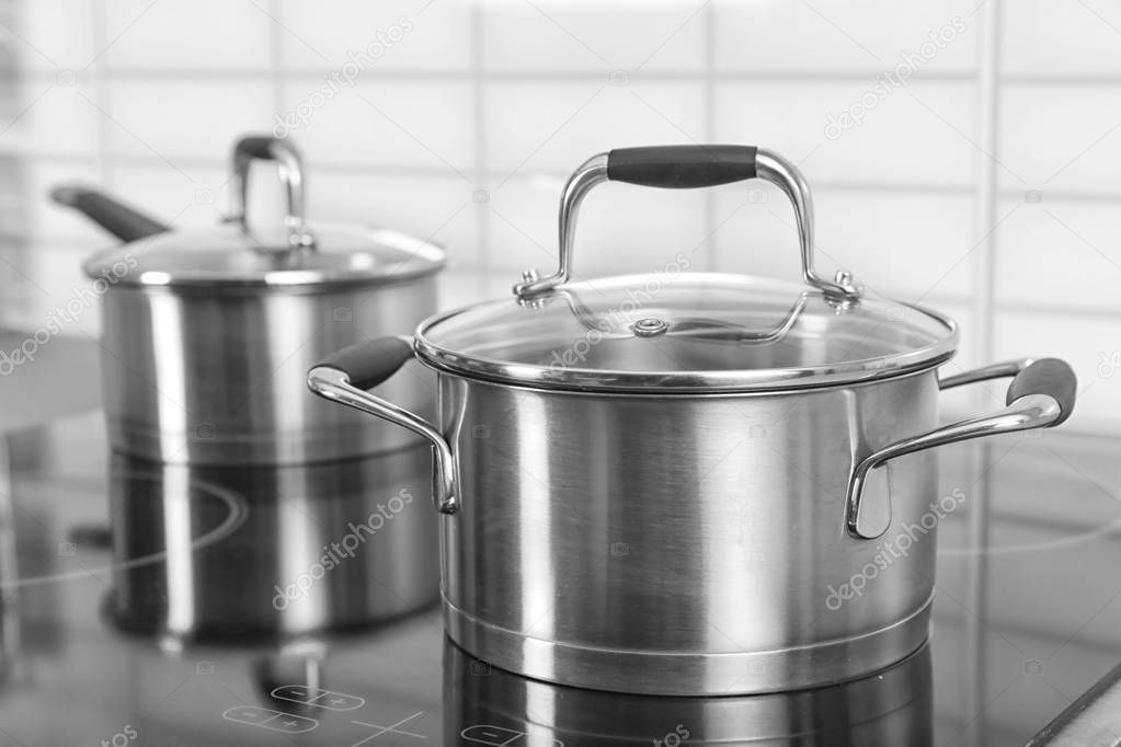 Metal saucepan on stove 
