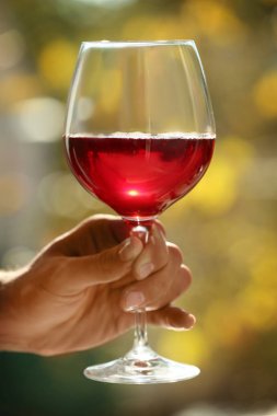Erkek el cam şarap ile tutarak 
