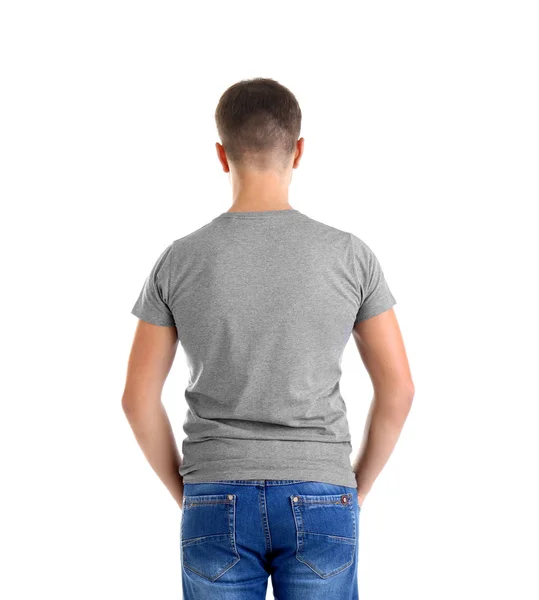Muž v prázdné šedé tričko — Stock fotografie