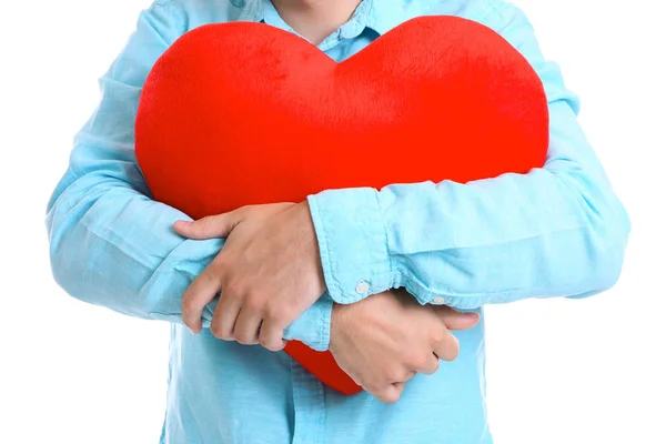 Homem Segurando Coração Vermelho Fundo Branco Close — Fotografia de Stock