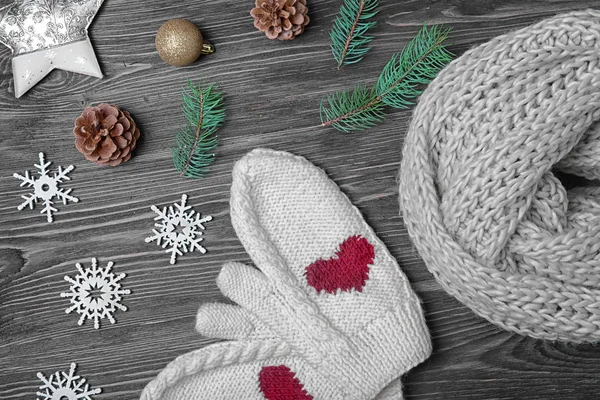Knitted Scarf Mittens Christmas Decor Wooden Background — Stock Photo, Image