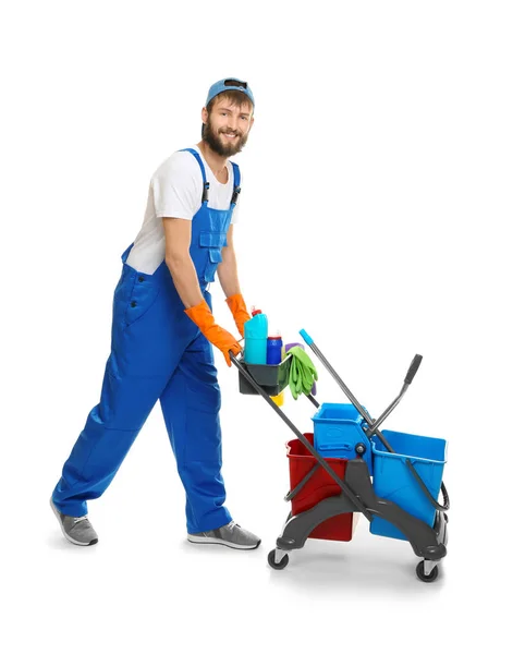 Young man with cleaning supplies — Stock Photo, Image