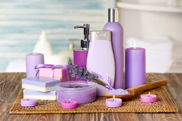 Set of body care cosmetics with lavender — Stock Photo, Image