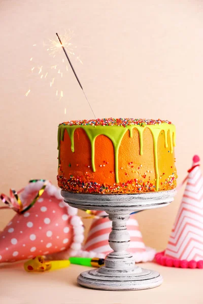 Delicious cake with sparkler — Stock Photo, Image