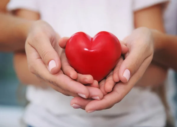 Manos Niño Mujer Adulta Sosteniendo Corazón Rojo Primer Plano — Foto de Stock