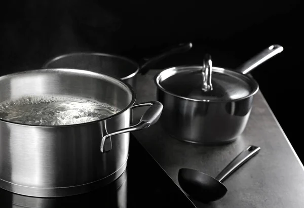 Metal pan with steam — Stock Photo, Image