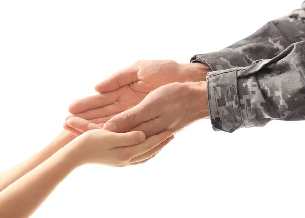 Hands of soldier and child — Stock Photo, Image