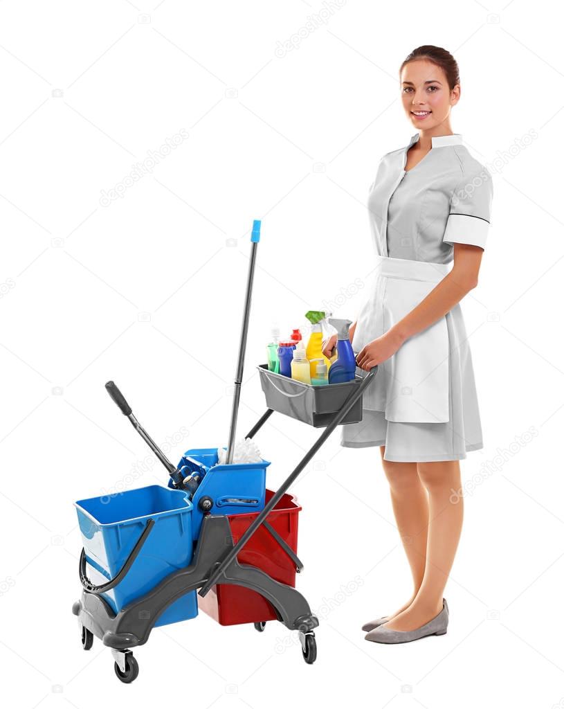 chambermaid with cleaning supplies