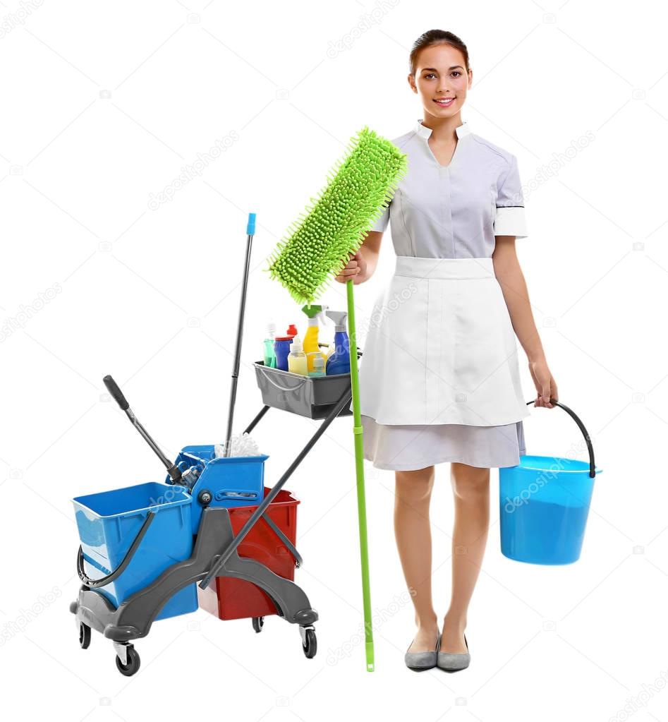 chambermaid with cleaning supplies 