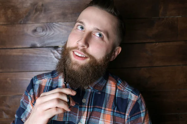 Bearded Man Posing Wooden Background — Stock Photo, Image