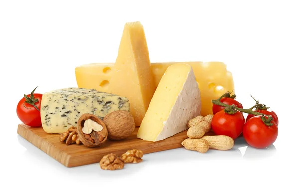 Board with assortment of cheese and  tomatoes — Stock Photo, Image