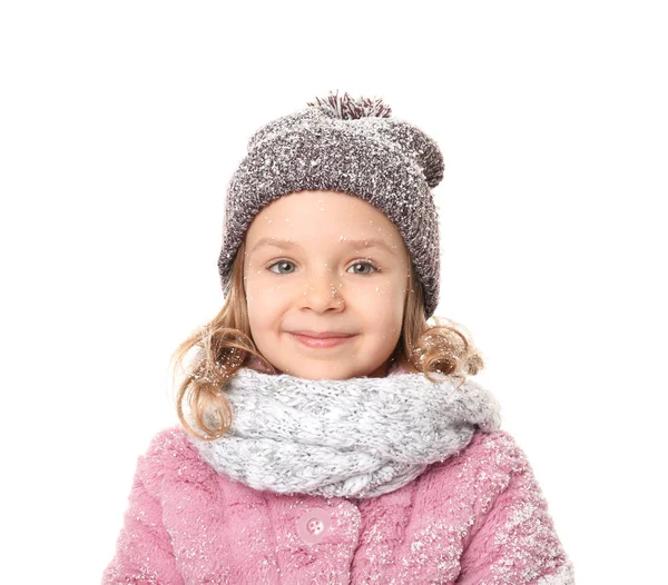 Linda niña en ropa de abrigo sobre fondo blanco — Foto de Stock