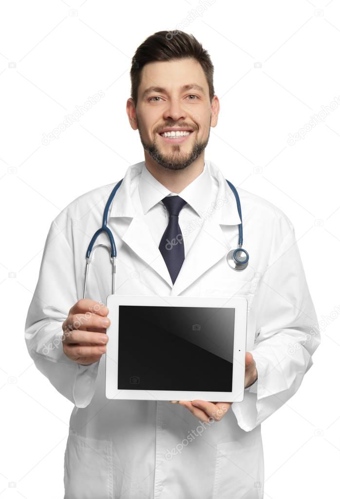 Handsome doctor showing monitor 