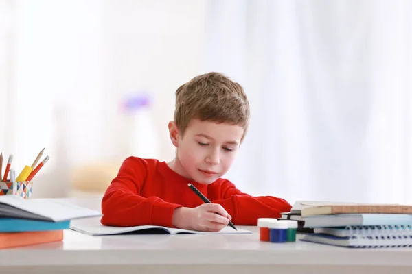 Schoolboy Doing Homework Table Room — Stock Photo, Image